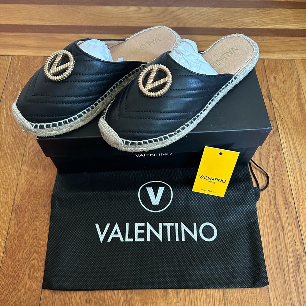 Mario Valentino. Black espadrille slides. Gold hardware. Size 36 (runs small).